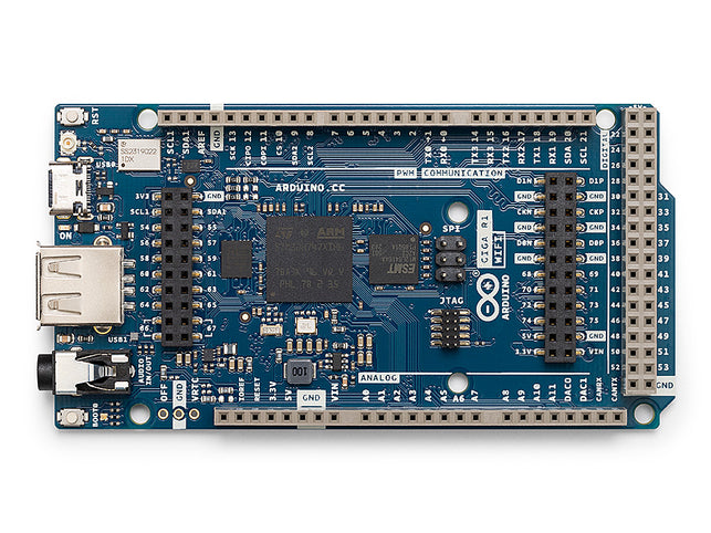 Arduino GIGA R1 WiFi board front and angled views showing dual-core microcontroller, USB ports, GPIO headers, and Wi-Fi antenna.