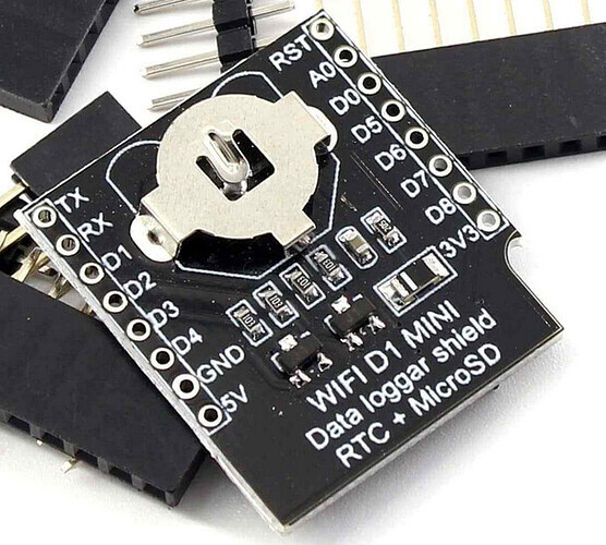 WiFi D1 Mini data logger shield with real-time clock and MicroSD slot attached to ESP8266 board