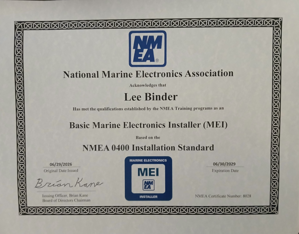 Lee Binder Basic Marine Electronics installer Nmea Certified